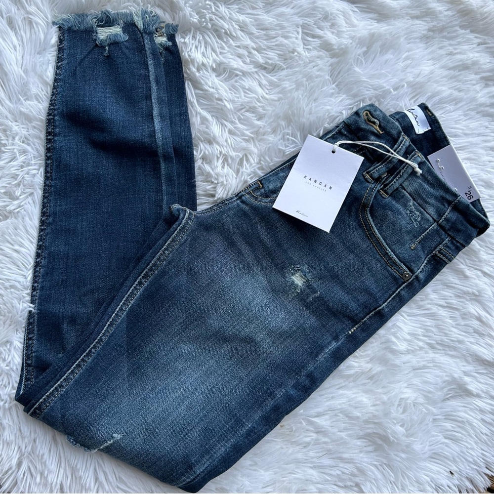 KanCan Blue Mid Rise Distressed Skinny Jeans Size 5 / 26 Ankle Short Length NEW - Picture 2 of 12